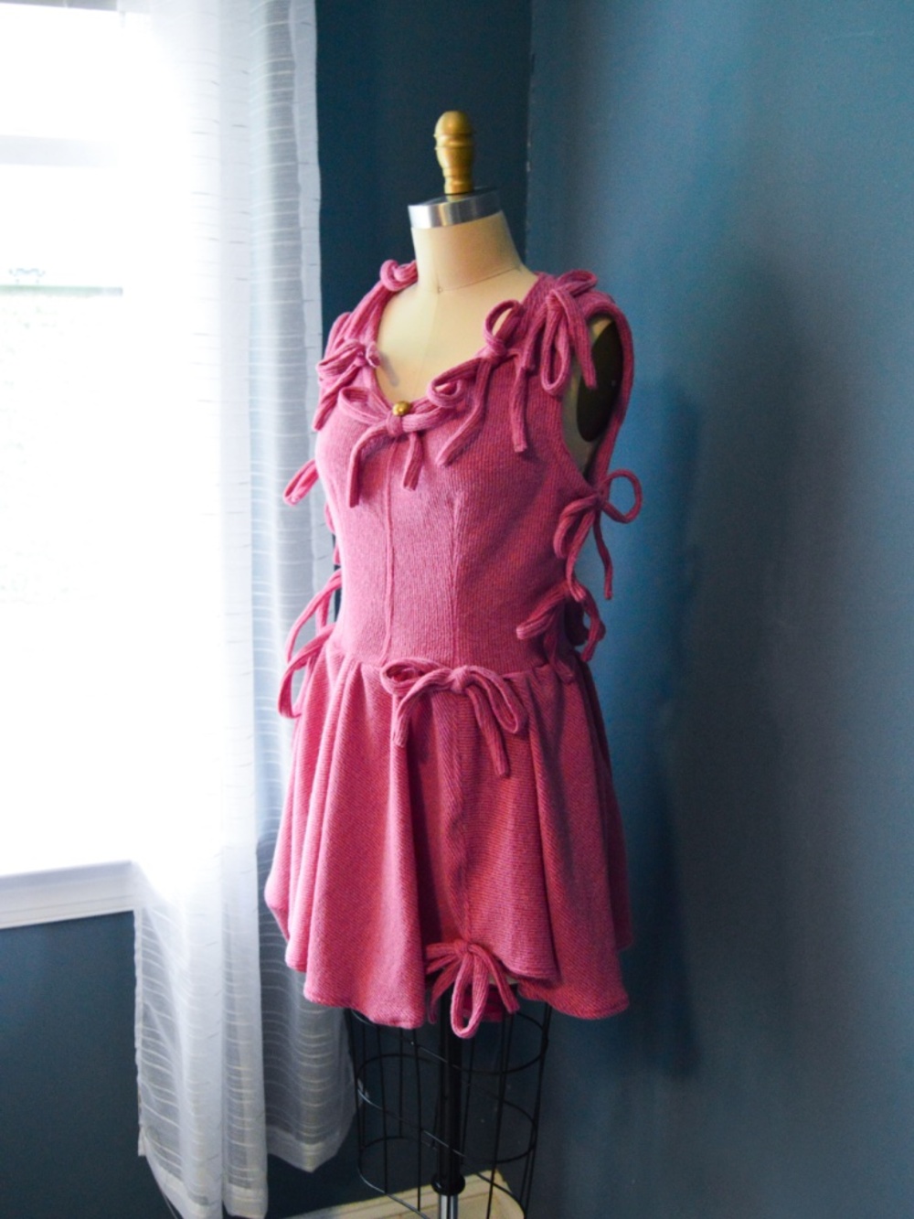 One of One Handmade, Dusty Pink Asymmetrical Soft Knit Mini Dress, with Bows - Picture 4 of 17
